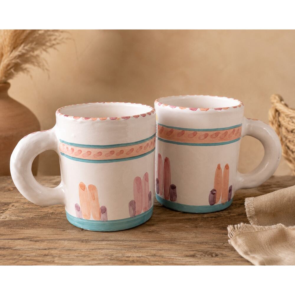 Handmade Southwest Pottery Coffee Mugs Signed Pair Pink Turquoise Artist Signed